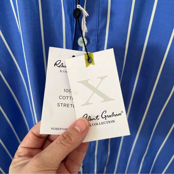 Robert Graham NWT "Aruba" Blue White Stripe Cotton Button Down Dress Shirt - Picture 9 of 16